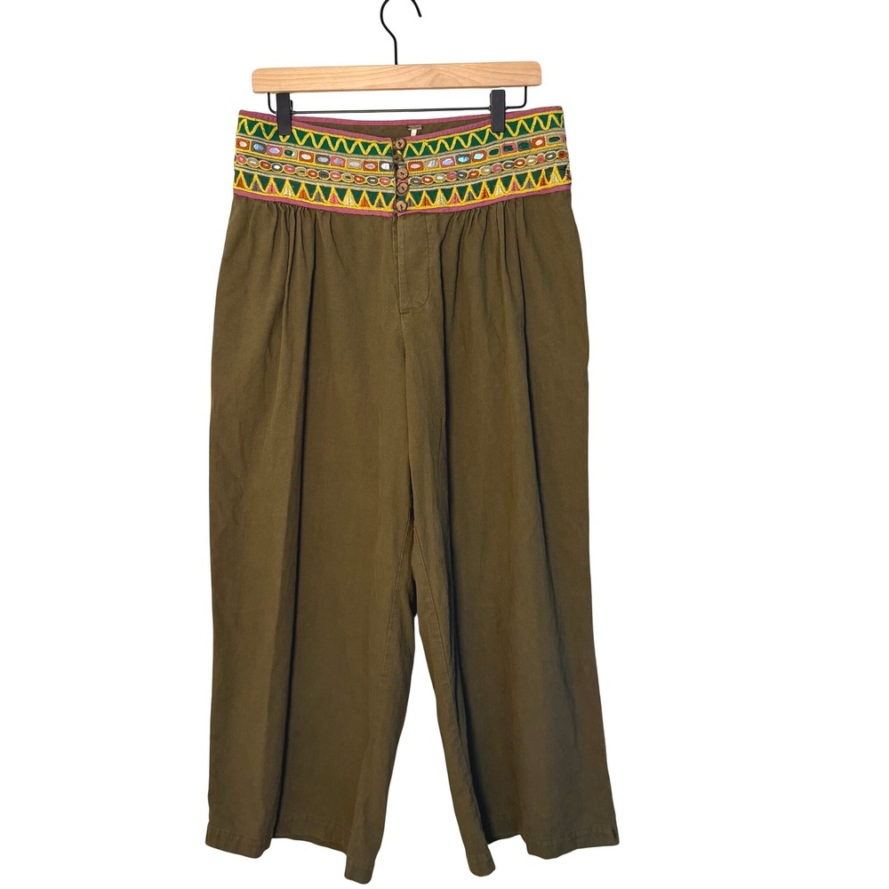Free People 100% Cotton Embroidered Boho Pants Buttoned Whimsical Green SZ S
